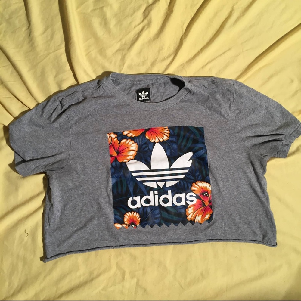 adidas Gray Crop Top with Orange Floral Accents